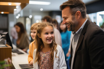 Family standing on reception counter at hospital or mall