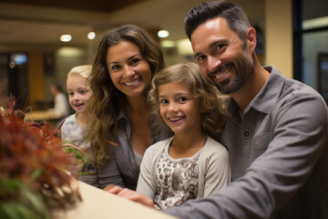 Family standing on reception counter at hospital or mall