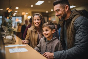 Family standing on reception counter at hospital or mall