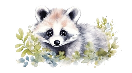 Cute raccoon watercolor illustration on white background