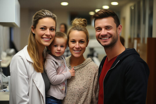 Family standing on reception counter at hospital or mall