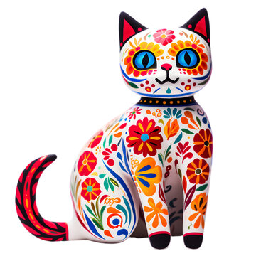 Colorful figurine of a sugar cat with flower patterns for the Day of the Deat on white background