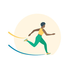 Black female athlete running a marathon race. Jogging woman in sportswear. Sport and fitness design in flat style. Rushing businesswoman in competition. Vector illustration.