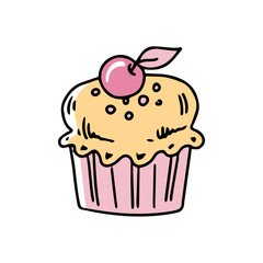 Cupcake with a cherry on top in doodle style on a white background. Festive concept. Hand drawn vector colored outline icon..