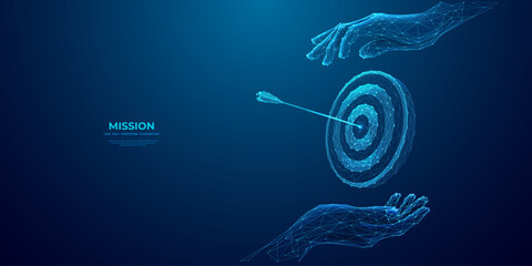 Abstract close-up hands holding a target with bow arrow in a bullseye. Businessman gesture protecting virtual blue dartboard. Business Achievement objective target concept in futuristic low poly style