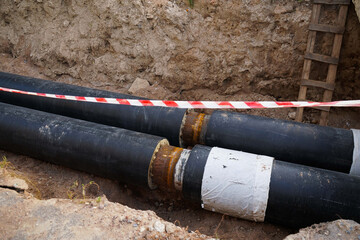 Installation of the distribution unit of heating and water supply network. Frame for connecting...