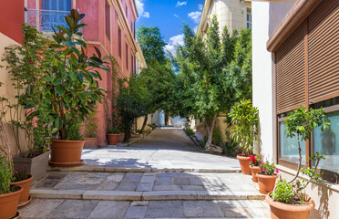 Greece, historic neighborhood of Plaka and Anafiotika in Athens with restaurants near Acropolis.