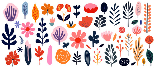 Abstract Hand drawn abstract wildflowers, set flowers and leaves, flat icons. Vector illustration