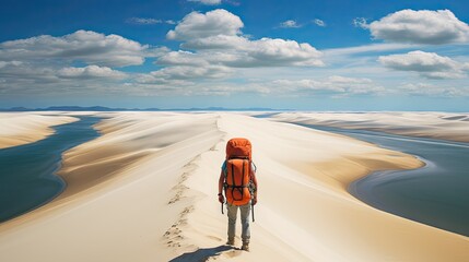 Tourists walking on desert sand dunes with red river aerial view at sunset,Generated with AI