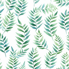 Seamless watercolor pattern of green fern leaves