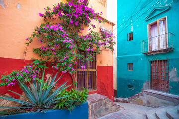 Guanajuato, Mexico, colorful colonial streets and architecture in Guanajuato historic center.