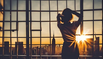Junge Frau in schönem Kleid steht vor dem Fenster eines Hochhauses und schaut in den Sonnenuntergang - obrazy, fototapety, plakaty