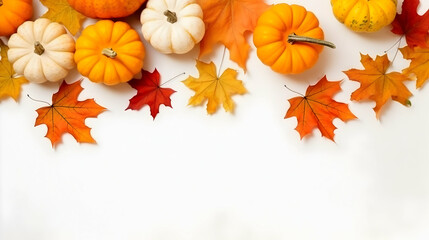 Festive thanksgiving decor of pumpkins, berries and leaves on a light wooden background with copy space for text