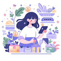 Young women are using technology to work online and are using online shopping communication tools.