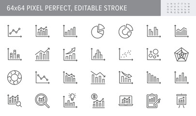 Graph line icons. Vector illustration include icon - data analysis, diagram, stat, histogram, economy outline pictogram for infographic statistic presentation. 64x64 Pixel Perfect, Editable Stroke - obrazy, fototapety, plakaty