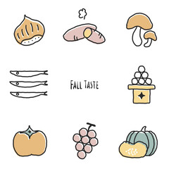秋の食べ物おしゃれな手描きイラストセット