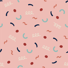 Hand drawn flat illustration of seamless confetti elements pattern on pink background. Concept for holidays, birthday celebration, surprise, gift wrap