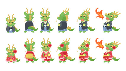 袴や着物を着た龍。フラットなベクターイラストセット。
Dragons wearing hakama or kimono. Flat designed vector illustration set.