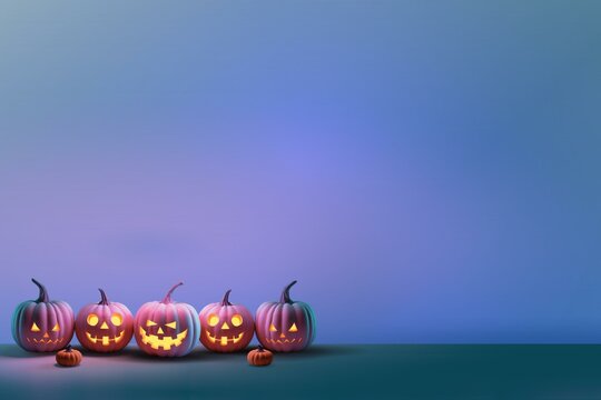 Halloween background, Jack-o-lanterns on a light background, glowing pumpkin on a neon background