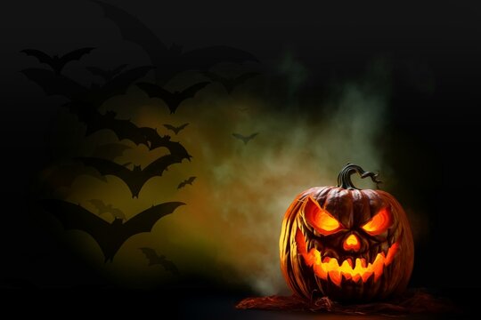 Halloween background, Jack-o-lantern on dark background, scary pumpkin, Fog, haze,  bats