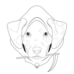 Halloween greeting card for coloring. Dalmatian dog dressed with black hood and a small scythe in the mouth