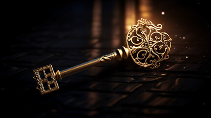 Golden key with glowing lights and dark background