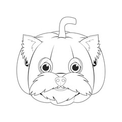 Halloween greeting card for coloring. Yorkshire Terrier dog dressed as a pumpkin