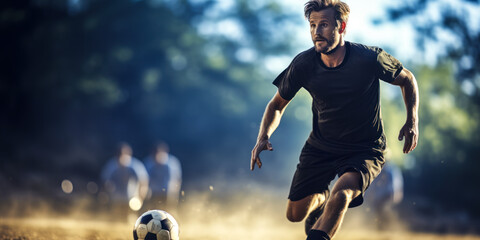 Pitch Action: Soccer Player Challenges the Goalkeeper with a Potent Shot