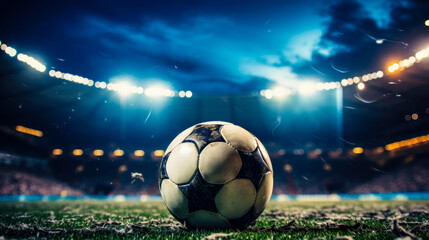 Twilight Game's Core: Soccer Ball's Detail Under Stadium Headlights