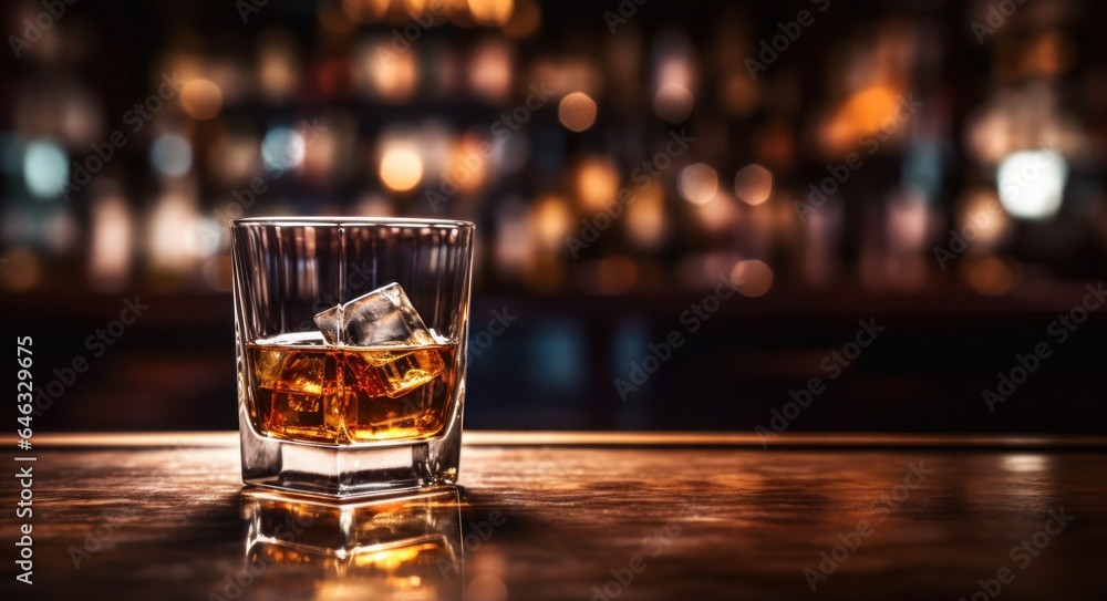 Wall mural Glass of whiskey with ice cubes on wooden bar counter