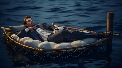 Business safety net concept explained with businessman sleeping peacefully on raft at sea