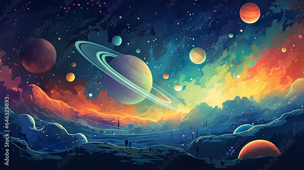 Wall mural outer space scene with planets and galaxies illustration.