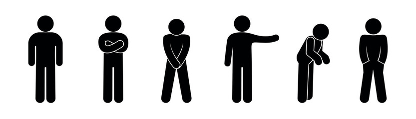 Fototapeta na wymiar stick figure man icon, set of human silhouettes, poses and gestures, isolated people