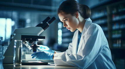 Female expert microbiologist scrutinizing medical samples using modern microscope in a tech-driven lab, driving breakthroughs in healthcare innovation