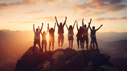 Joyful group of people cheering and being happy on mountain top at sunset
