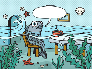 Fish with drain water meme This is fine with text bubble pinup pop art retro raster illustration. Comic book style imitation.