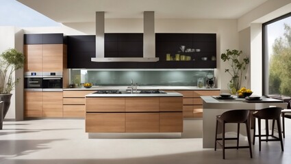 A view from a distance of a modern kitchen concept.