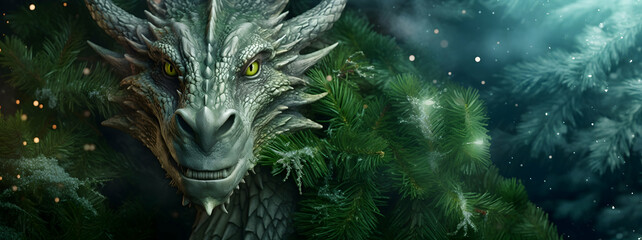 European classic green dragon - symbol of the new year on background of christmas tree with decorations