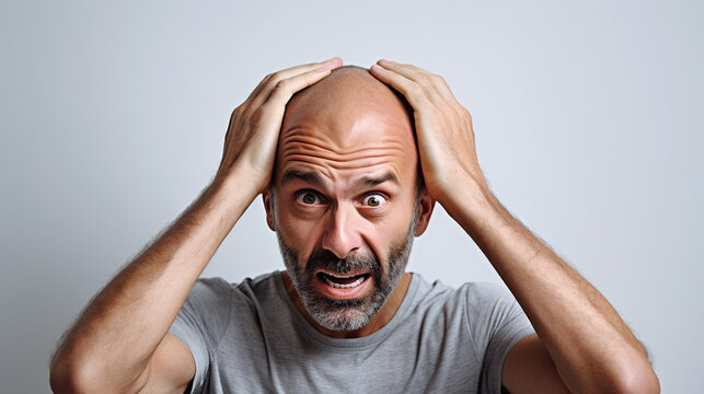 Studio portrait of bald middle aged man with hands covering the head, expressing rage and despair. Excited face of unhappy guy, screaming out in anger.