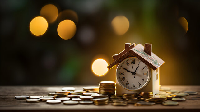 Miniature home with several cents kept with an alarm clock, home loan emi concept