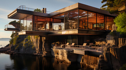 Modern cozy chalet. Luxury house on the rock at sunset.