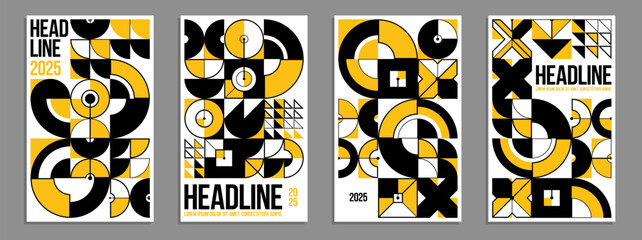 Geometric vector posters and covers in Bauhaus style, layout for advertisement sheet, tech engineering style shapes mechanical, brochure or book cover.