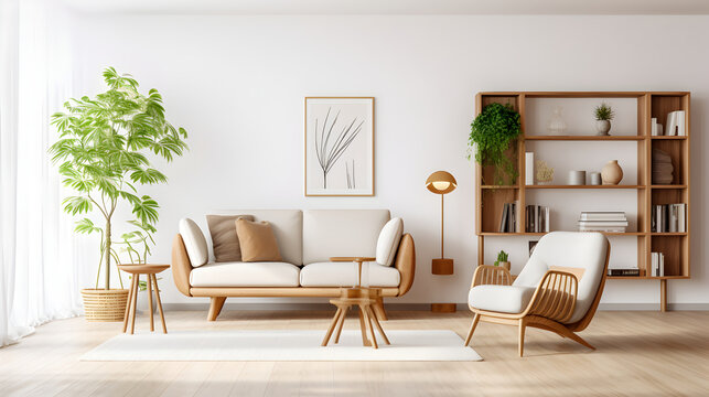 Stylish scandinavian living room with designer furniture, plants, bookstand and sofa set, Abstract painting on the white wall in the apartment, Modern decor of bright room