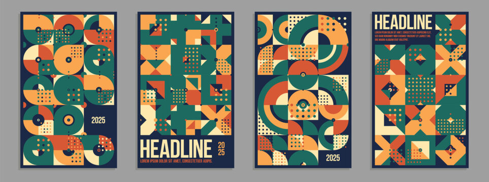 Geometric vector posters and covers in Bauhaus style, layout for advertisement sheet, brochure or book cover, retro 70s pattern in native ceramic colors.