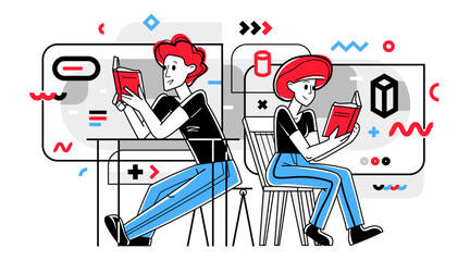 Young people reading books searching for information, learn science, self-education, fiction literature, inquire and analysis, vector outline illustration.