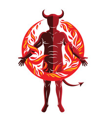 Athletic horned man surrounded by a fireball. Vector illustration of mystic infernal demon, evil Lucifer.