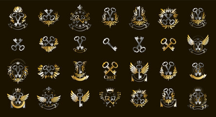 Vintage keys vector logos or emblems, heraldic design elements big set, classic style heraldry turnkeys symbols, antique secrets and locks.