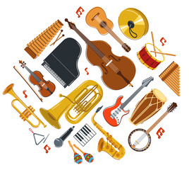 Music orchestra diverse instruments vector flat illustration isolated on white background, live sound concert or festival, musical band or orchestra playing and singing songs.