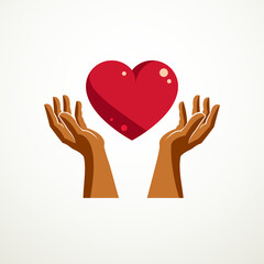 Loving Heart simple vector logo or icon created with red glossy heart sign and care protecting hands.