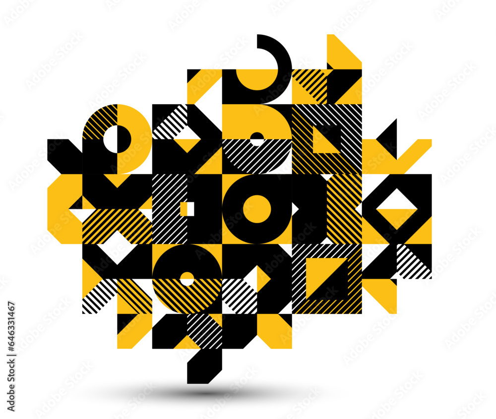 Poster abstract geometric vector background, modular tiling stripy art with circles and other shapes, retro